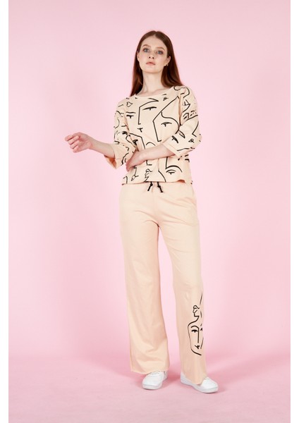 Kadın Baskılı Penye Pantolonlu Takım 23066 Bej modelleri
