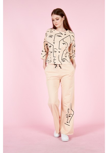 Kadın Baskılı Penye Pantolonlu Takım 23066 Bej fırsatları
