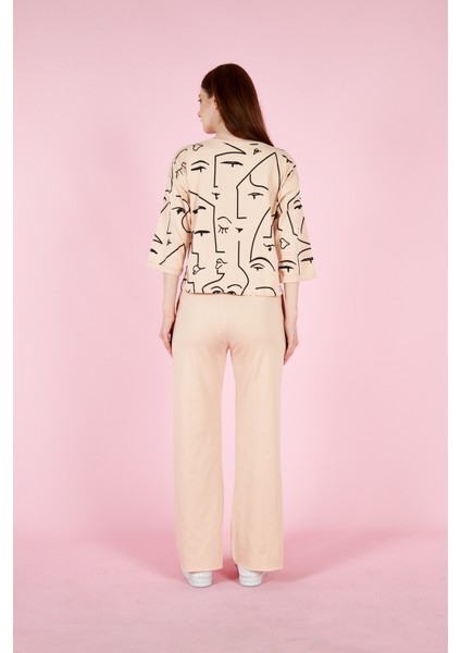 Kadın Baskılı Penye Pantolonlu Takım 23066 Bej indirimleri