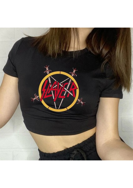 Rock Serisi Slayer Baskılı Siyah Crop