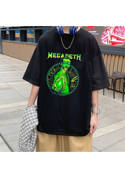 Rock Serisi Megadeth Baskılı Siyah Oversize T-Shirt