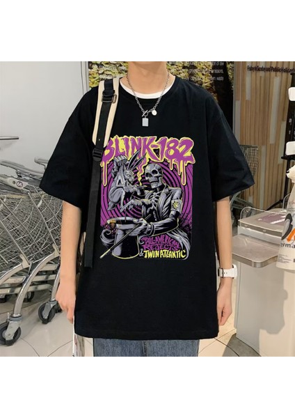 Rock Serisi Blink 182 Baskılı Siyah Oversize T-Shirt
