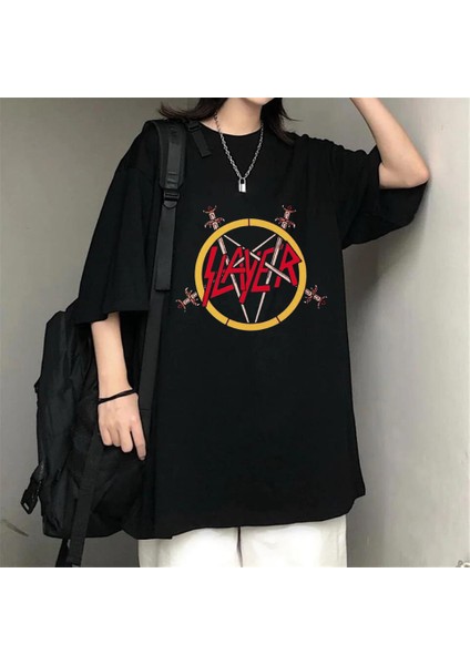 Rock Serisi Slayer Baskılı Siyah Oversize T-Shirt