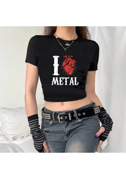 I Love Metal Baskılı Siyah Crop