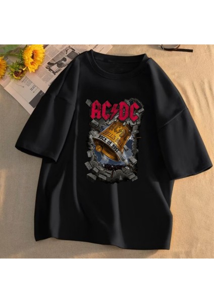 Rock Serisi Ac/Dc Baskılı Siyah Oversize T-Shirt