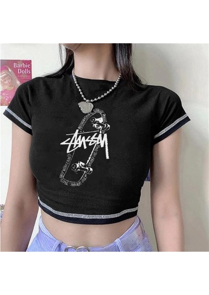 Y2K Skateboard Ters Dikiş Siyah Crop