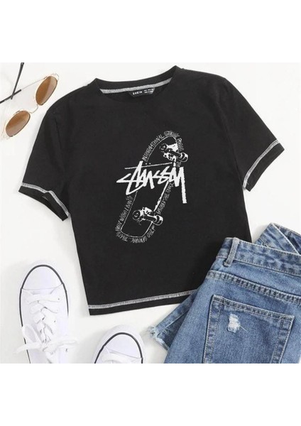 Y2K Skateboard Ters Dikiş Siyah Crop modelleri