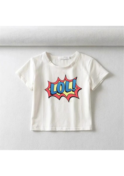 Lol Baskılı Beyaz Crop fiyatları