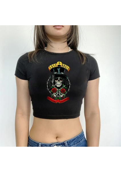 Rock Serisi Guns N' Roses Logo Baskılı Siyah Crop