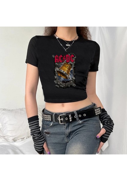 Rock Serisi Ac/Dc Logo Baskılı Siyah Crop