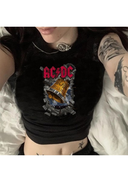 Rock Serisi Ac/Dc Logo Baskılı Siyah Crop fiyatları