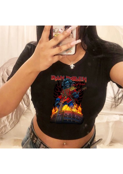 Rock Serisi Iron Maiden Baskılı Siyah Crop