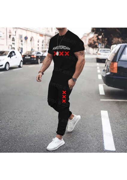 Büyük Beden Özeltasarım Amsterdam Baskılı %100 Pamuk Kısa Kollu Yazlık Erkek Eşofman Takımı