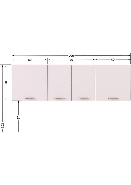 T Designo Sedef  Mutfak Üst Modülü 200 cm -Beyaz