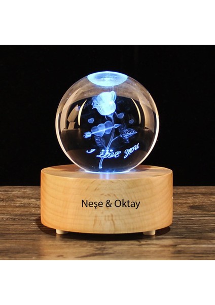 Işıklı Ahşap Kaideli Aşk ve Gül Cam Küre 8cm*6cm