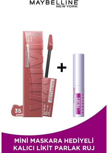 Mini Surreal Maskara Hediyeli Super Stay Vinyl Ink Uzun Süre Kalıcı Likit Parlak Ruj 35 Cheeky