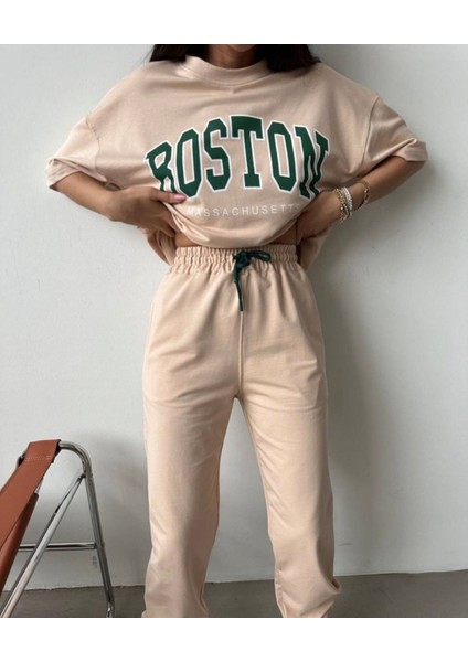 Özel Tasarım Boston Baskılı %100 Pamuk Kısa Kollu Yazlık Oversize Kadın Eşofman Takımı fiyatları