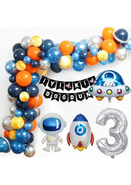 Uzay Temalı Doğum Günü Seti 4 Adet Folyo, 50 Lateks Balon, Banner, Balon Zinciri, Balon Bandı