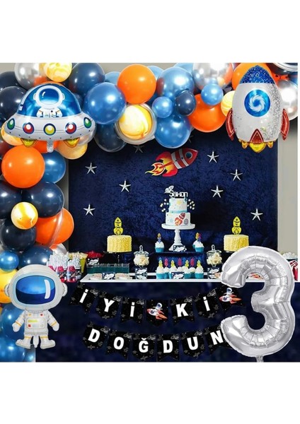 Uzay Temalı Doğum Günü Seti 4 Adet Folyo, 50 Lateks Balon, Banner, Balon Zinciri, Balon Bandı