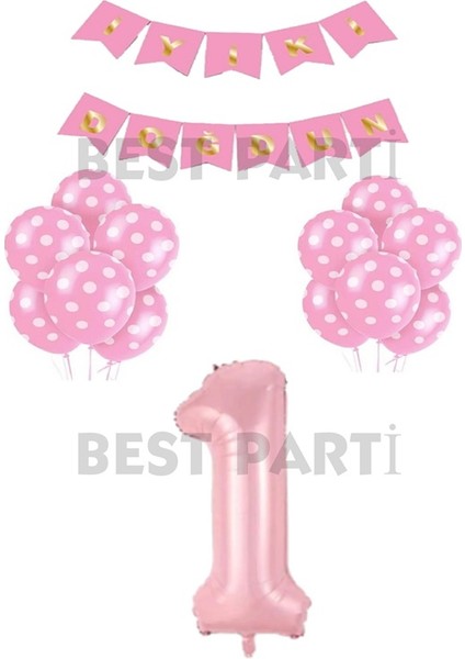 Iyiki Doğdun Yazılı Pembe Renk Puanlı Balon ve Rakam Seti Yaş 1
