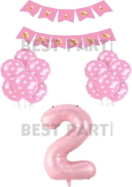 Iyiki Doğdun Yazılı Pembe Renk Puanlı Balon ve Rakam Seti Yaş 2