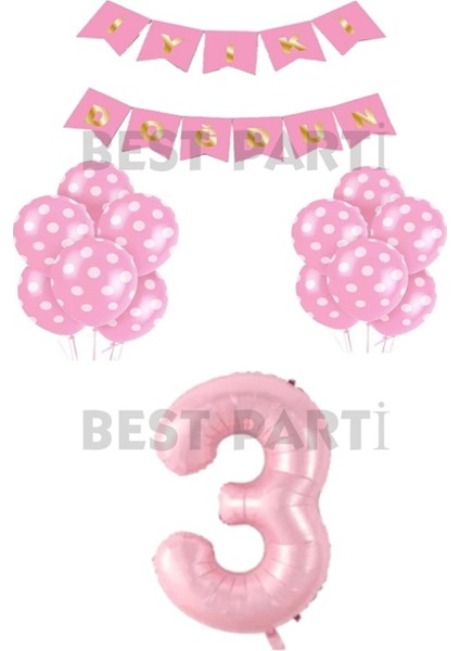 Iyiki Doğdun Yazılı Pembe Renk Puanlı Balon ve Rakam Seti Yaş 3
