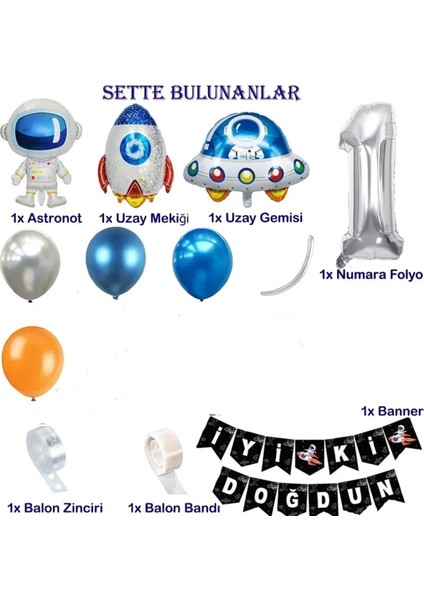Uzay Temalı Doğum Günü Seti 4 Adet Folyo, 50 Lateks Balon, Banner, Balon Zinciri, Balon Bandı