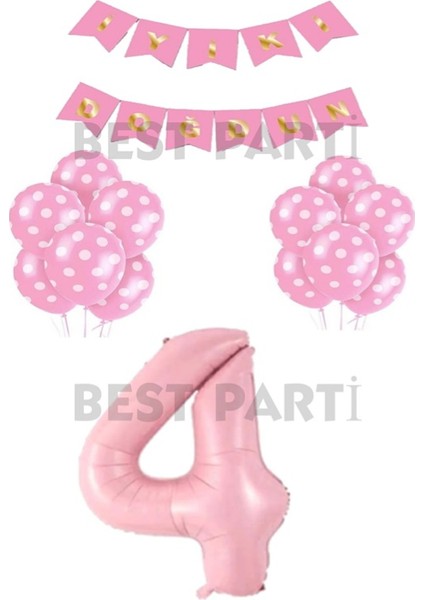 Iyiki Doğdun Yazılı Pembe Renk Puanlı Balon ve Rakam Seti Yaş 4