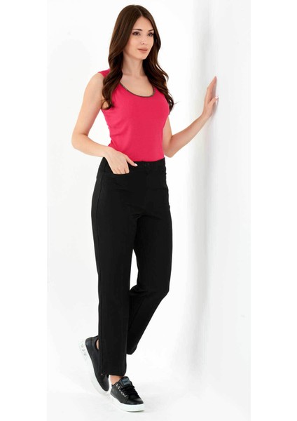 Tolga Saraçoğlu Kadın Gizli Lastikli Mevsimlik Gabardin Pantolon 30068 Siyah