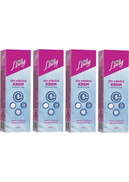 Lady Tüy Dökücü Krem Hassas Ciltler 100 ml x 4 Adet