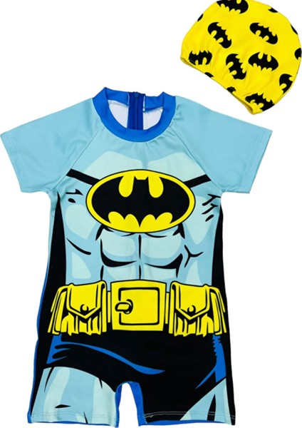 Erkek Çocuk Fermuarlı Kısa Kol Boxer Şort Tarz Güneş Korumalı Batman Yarasa Adam Mayo Bone Takımı