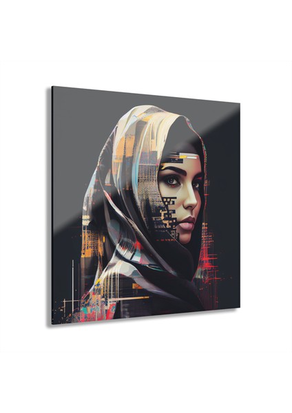 Müslüman Kız Sulu Boya Türban Başörtüsü Islam Cam Tablo Duvar Dekoru 2