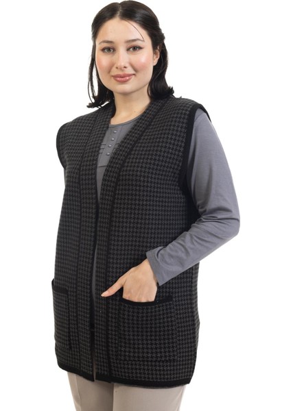 Kadın Orta Yaş ve Üzeri Triko Örgü Kaz Ayağı Desen Düğmesiz Anne Yelek 330 fiyatları