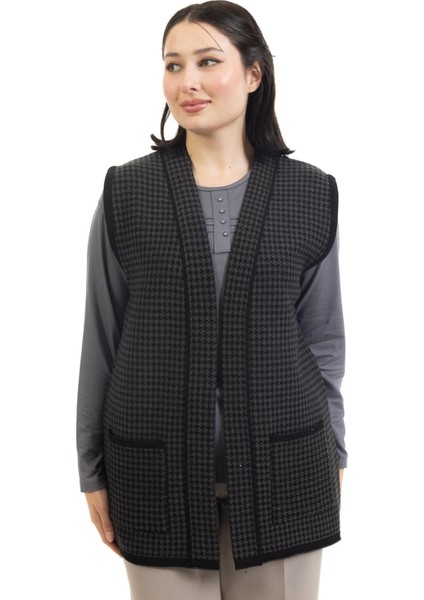 Kadın Orta Yaş ve Üzeri Triko Örgü Kaz Ayağı Desen Düğmesiz Anne Yelek 330 modelleri