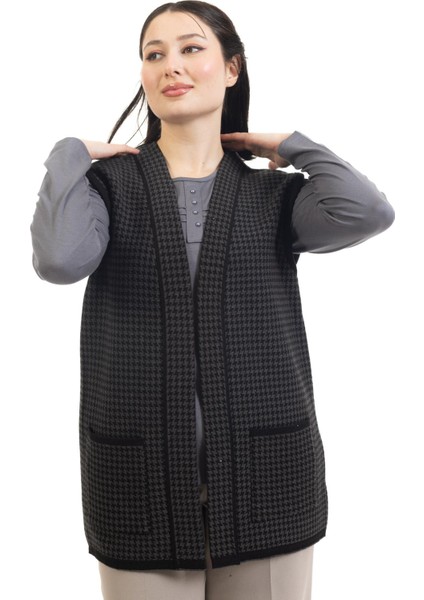 Kadın Orta Yaş ve Üzeri Triko Örgü Kaz Ayağı Desen Düğmesiz Anne Yelek 330 fırsatları