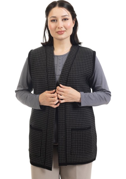 Kadın Orta Yaş ve Üzeri Triko Örgü Kaz Ayağı Desen Düğmesiz Anne Yelek 330 indirimleri