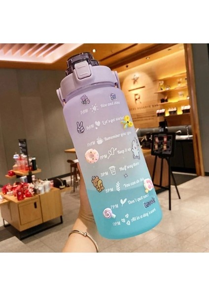Motivasyon Su Matarası 2 Litre + 900 ml Pipetli Sticker Hediyeli