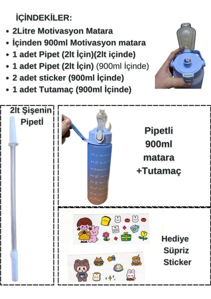 Motivasyon Su Matarası 2 Litre + 900 ml Pipetli Sticker Hediyeli