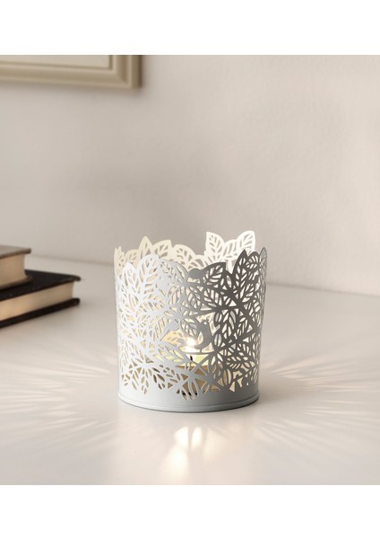 Samverka Beyaz Tealight Mumluk Kuş ve Yaprak Desenli 8 cm