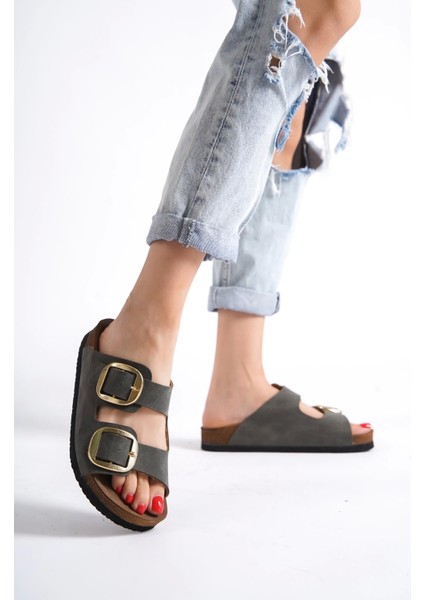 Anetta Kadın Kalın Çift Toka Haki Terlik