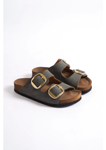 Anetta Kadın Kalın Çift Toka Haki Terlik fiyatları