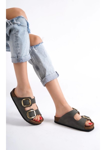 Anetta Kadın Kalın Çift Toka Haki Terlik modelleri