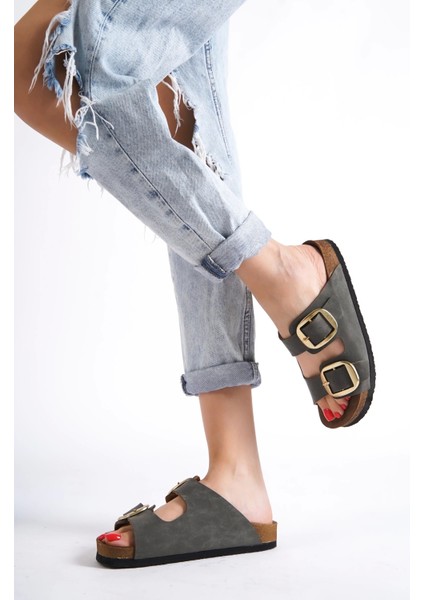 Anetta Kadın Kalın Çift Toka Haki Terlik fırsatları