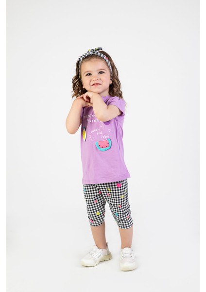 Kız Bebek Kaprili Kısa Kollu Yummy Baskılı Bandanalı Yazlık Basic Alt-Üst Takım 6-24 Ay