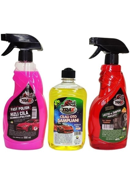 3'lü Yıkama Seti - Hızlı Cila - Cilalı Şampuan - Lastik Parlatıcı - T-Rax