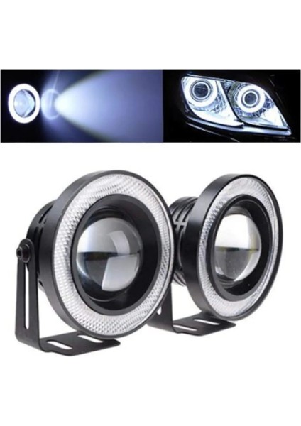 Üniversal Mercekli Angel Sis Farı Metal Su Geçirmez 76 mm Beyaz Halkalı Angel Eyes