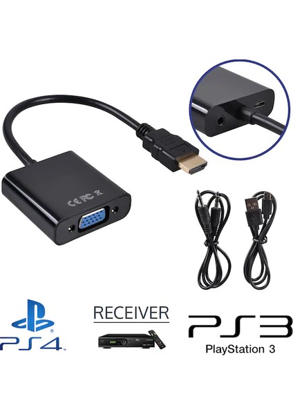 Blue Wings HDMI To VGA Çevirici Kablo - Uydu Alıcısında Kullanır-Güç Girişli Ps4 -Ps5 - Xbox