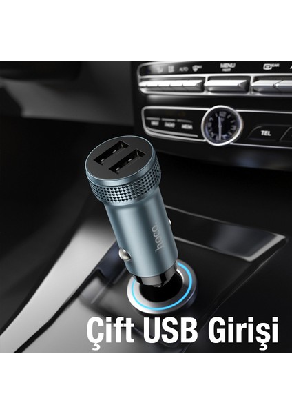 Z49 Çift USB Girişli Araç Şarj Başlık + USB To Type-C Kablo ALL-36344