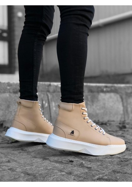 BA0155 Bağcıklı Erkek Yüksek Taban Krem Beyaz Taban Spor Bot