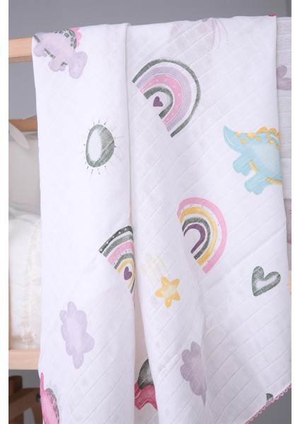 Müslin Örtü 85 x 90 cm Dinozor Desen Organik Hediyelik Emzirme Alt Açma Yenidoğan Puset Örtüsü